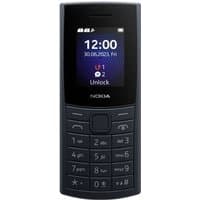 Blue Nokia 110 4G feature phone with numeric keypad, small screen, and central navigation button.
