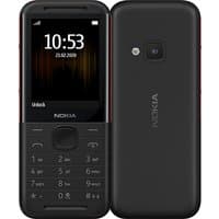 Black and red Nokia 5310 mobile phone with 2.4-inch screen, physical keypad, and rear camera.