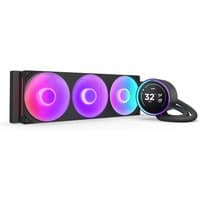 Black NZXT Kraken Elite 360 RGB liquid cooler with three 12 cm fans and a circular display on the pump.