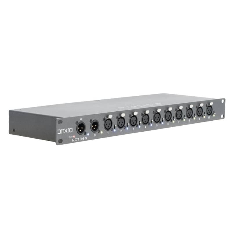 Obsidian DMX 10-3, a sleek black metal DMX splitter with 10 XLR outputs, featuring labeled channels and a compact, rack-mountable design.