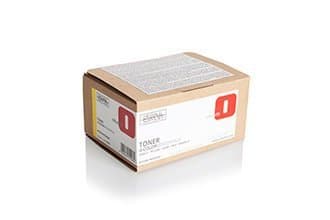 Brown cardboard box labeled "TONER" with a red circle logo, containing yellow toner for Olivetti D-Co, designed for a return program, capable of printing 2,000 pages.