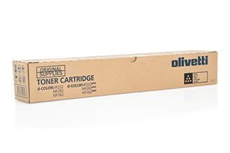 Black toner cartridge packaging for Olivetti B1036, designed for D-Color MF 222, featuring a cardboard box with the Olivetti logo and specifications printed on the side.