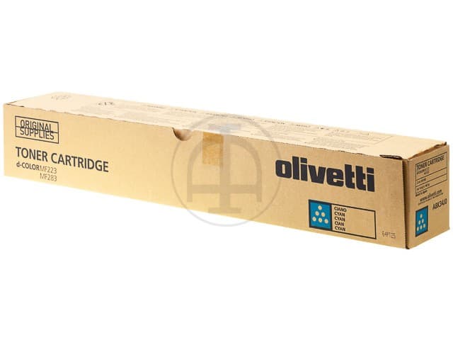 Cyan toner cartridge box for Olivetti D-Color MF 223, featuring a brown cardboard design with blue and white branding and text, indicating a yield of 21,000 pages.