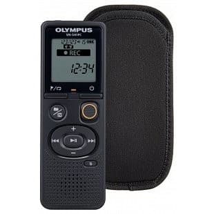 Black Olympus VN-541PC voice recorder with a digital display, control buttons, and a soft black carrying case.