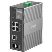 Gray Omada IES206GPP 6-Port Gigabit switch with ribbed sides, green terminal block, and multiple Ethernet ports.