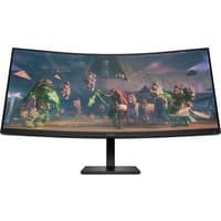 Curved HP OMEN 34-inch gaming monitor, black, with thin bezels, displaying vibrant game scene, on a sleek stand.