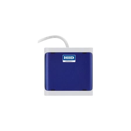 Dark blue Omnikey HID 5023 contactless card reader with a white base, featuring a cable and a prominent HID logo on the top surface.