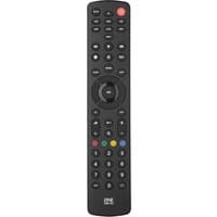 Black One For All universal remote with numeric keypad, colored buttons, and navigation controls.