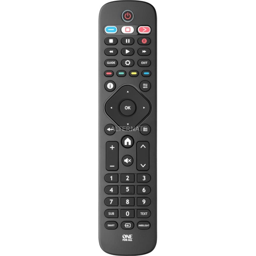 Black Philips TV replacement remote with a variety of buttons including volume, channel, and navigation keys, featuring a central OK button and colored shortcut buttons.