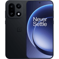 Black OnePlus 15 smartphone with triple rear cameras, 6.78-inch display, and "Never Settle" text on screen.
