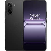 Black OnePlus Nord CE5 smartphone with dual rear cameras and 6.77" display showing "Never Settle" on screen.