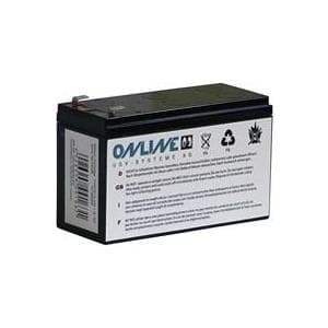 Black rectangular battery with a green top, featuring labels and icons indicating safety and recycling information, designed for ONLINE USV-Systeme BCZ2000 UPS systems.