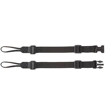 Black nylon loop connectors with adjustable buckles, designed for secure attachment, featuring sturdy ends for easy connection to gear.