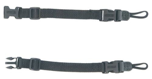 Black nylon loop connectors with adjustable lengths, featuring durable plastic clips on each end for secure attachment, designed for camera straps or accessories.