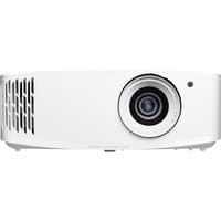 White Optoma UHD38x projector with large lens, vented side panel, and compact design for 4K UHD display.