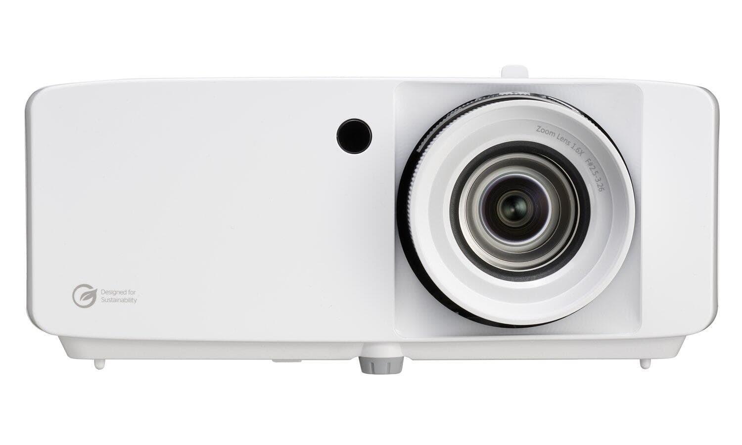 White DLP projector with a large lens, featuring a sleek design, a zoom control knob, and a small circular vent, labeled with "Designed for Sustainability."