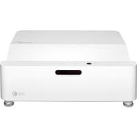 White Optoma ultra short throw projector with sleek design, front lens, and control buttons on top.