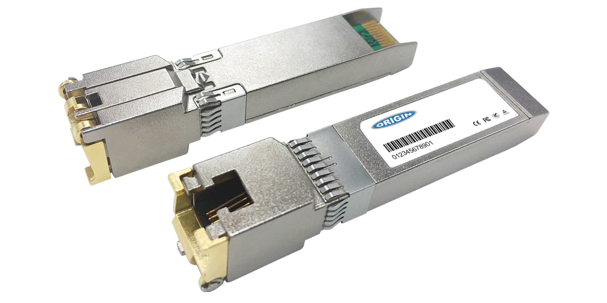 Brocade compatible transceiver SFP with a metallic silver finish, featuring dual connector ports, a green circuit board, and a label with the Origin Storage logo.