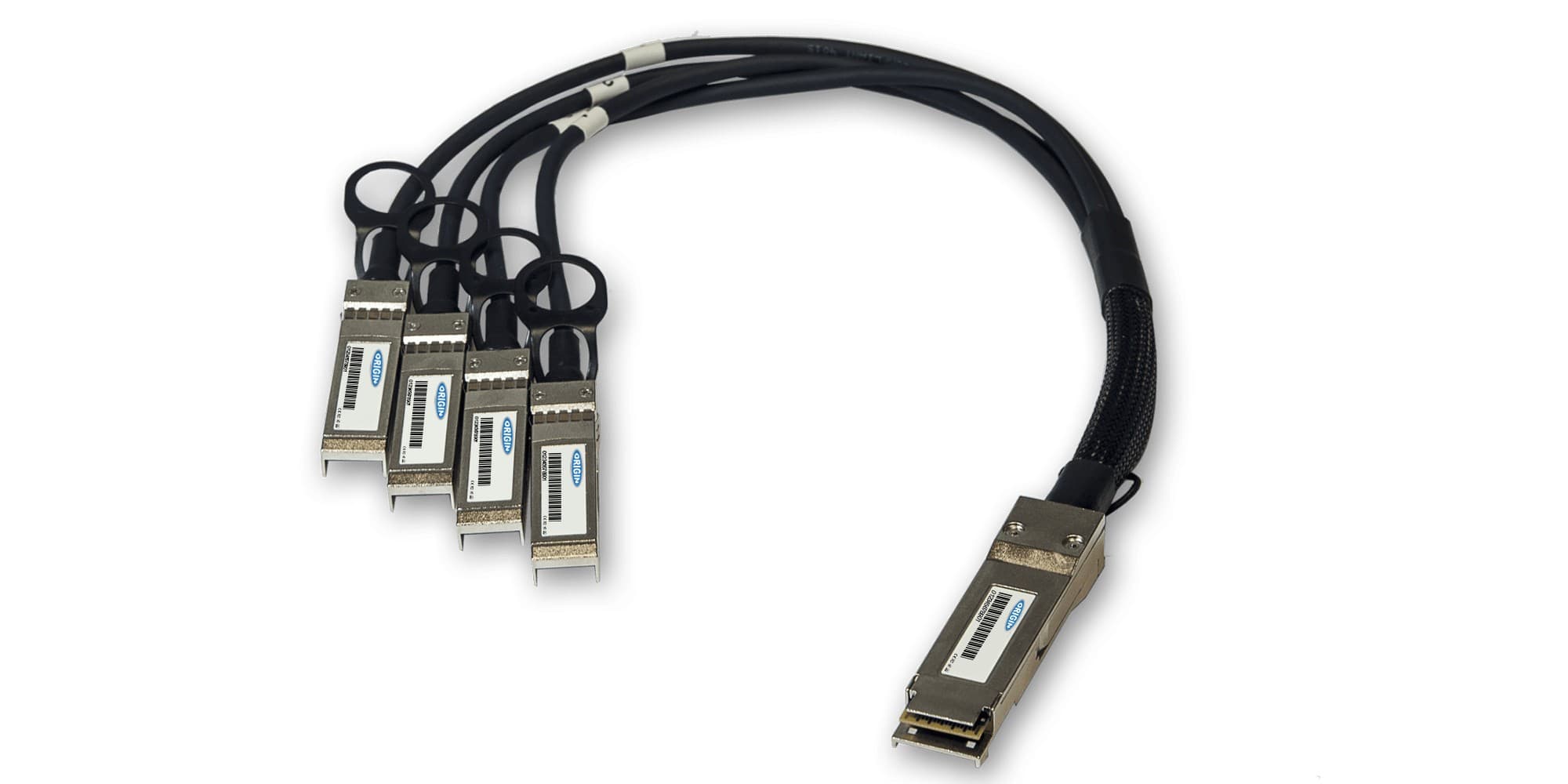 Brocade compatible direct attach cable featuring a black flexible design with four connectors on one end and a single connector on the other, labeled with product details.