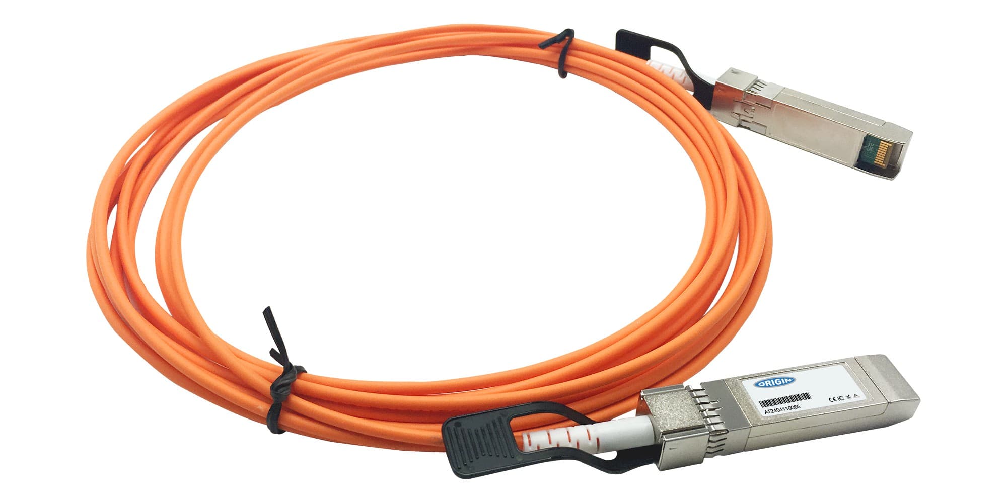 Active optical cable with an orange fiber optic cable, featuring two metal connectors at each end, designed for high-speed data transmission, compatible with Enterasys systems.