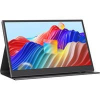 Origin Storage 15.6" Full HD IPS portable monitor with USB-C, black frame, displaying colorful abstract waves.
