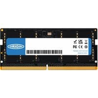 Black Origin Storage 16GB DDR5 SODIMM RAM with blue label, gold connectors, and white barcode.