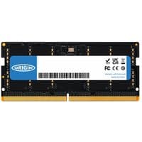 Black Origin Storage 32GB DDR5 SODIMM with blue label, gold connectors, and white text, kit of 2 modules.