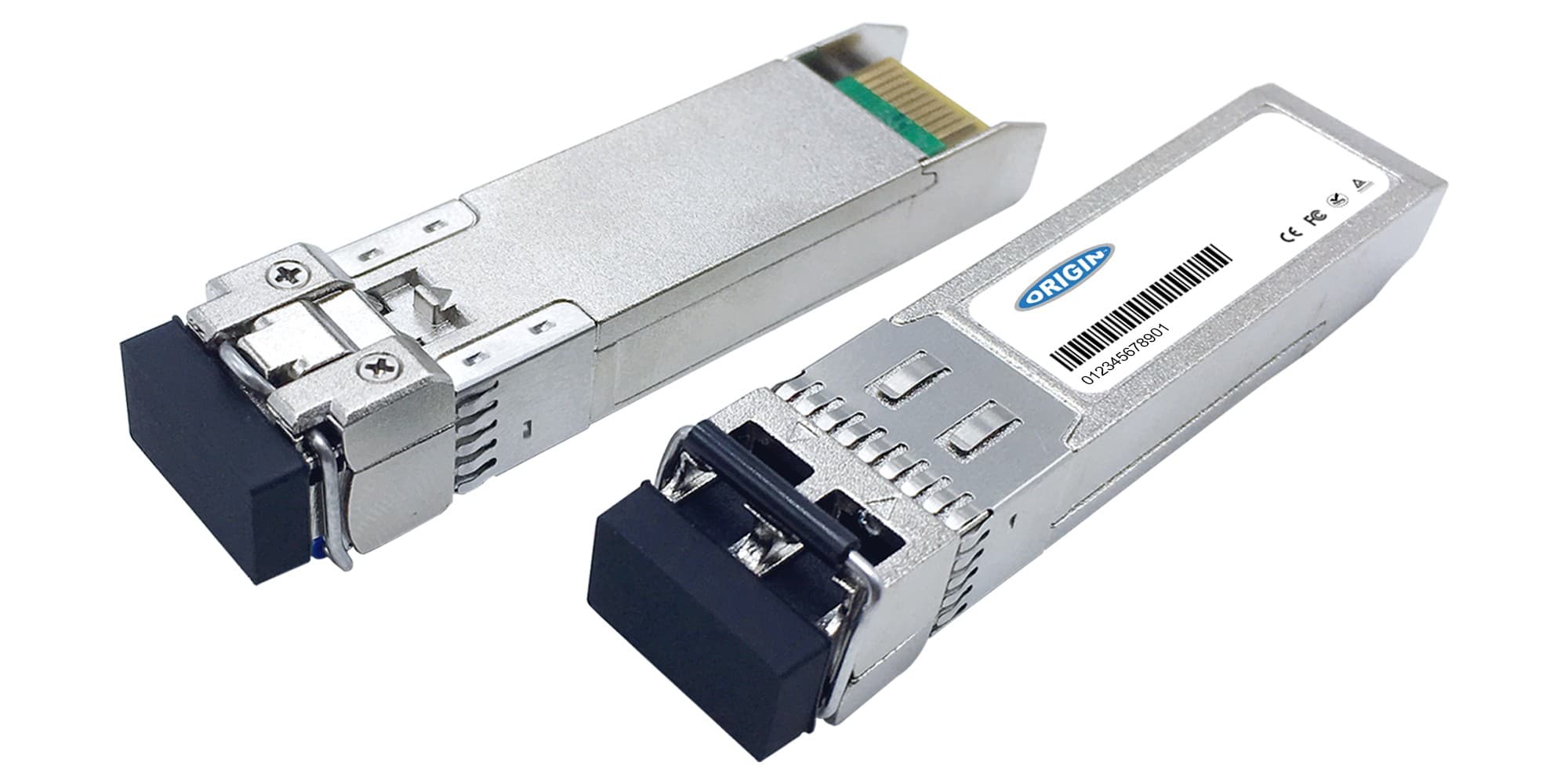 Silver metal transceiver with a black plastic end, featuring a label with "ORIGIN" logo and barcode, designed for Dell compatibility, supporting 10GBase SFP+ connections.