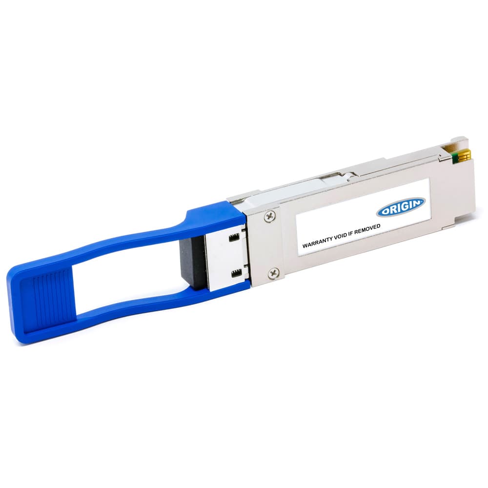 Brocade compatible QSFP transceiver in silver and blue, featuring a sturdy design with a pull tab, labeled with "ORIGIN" and warranty information.