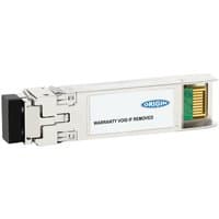 Silver Origin Storage transceiver SFP28 with black connector and visible gold contacts, labeled "WARRANTY VOID IF REMOVED".