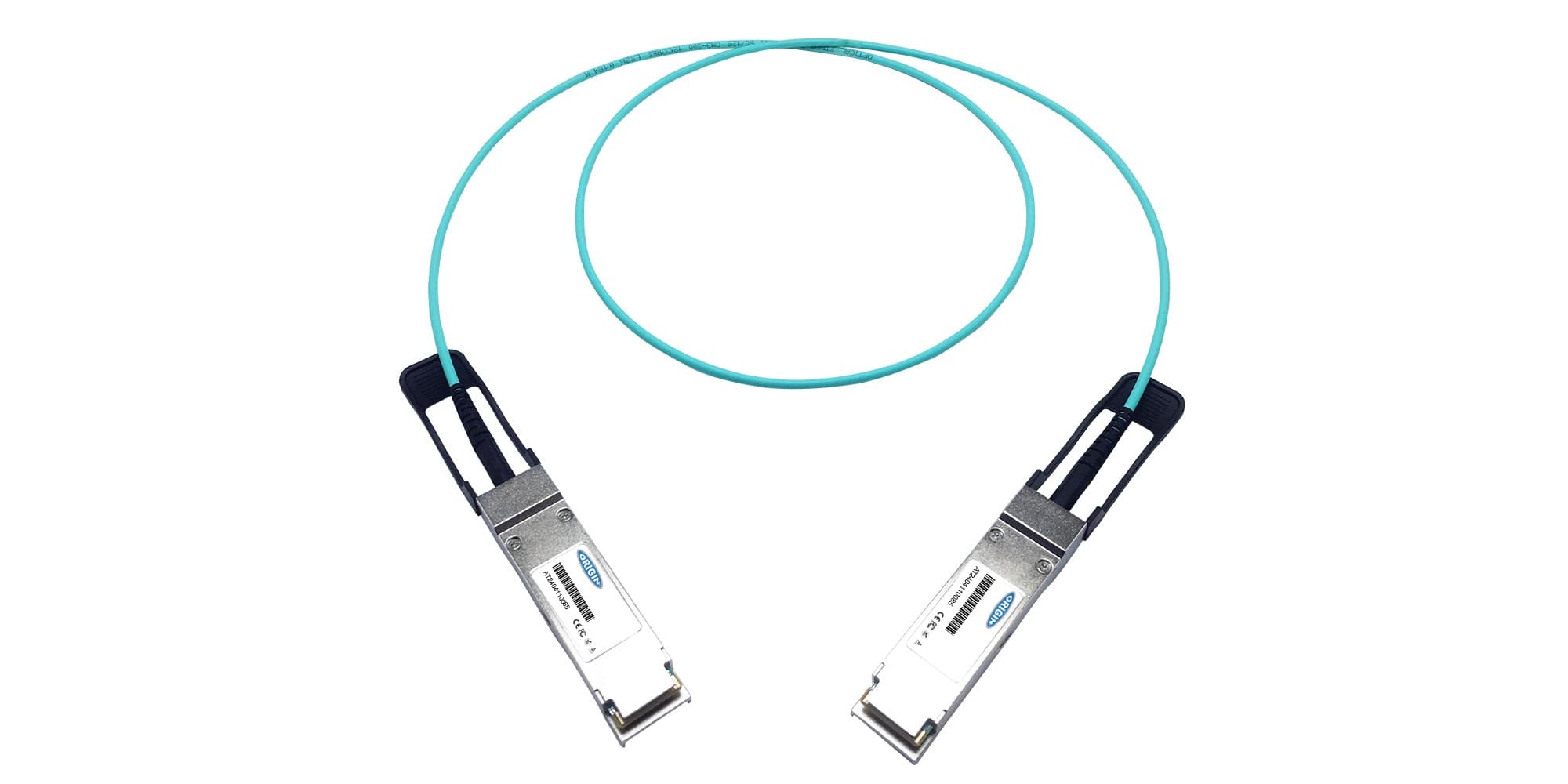Active optical cable with a turquoise fiber optic line, featuring two silver connectors at each end, designed for 100G data transmission, compatible with Dell systems.