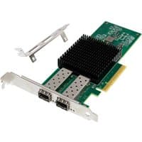 Green PCIe 3.0 x8 NIC with dual 10GbE SFP+ ports and black heat sink, includes metal bracket.