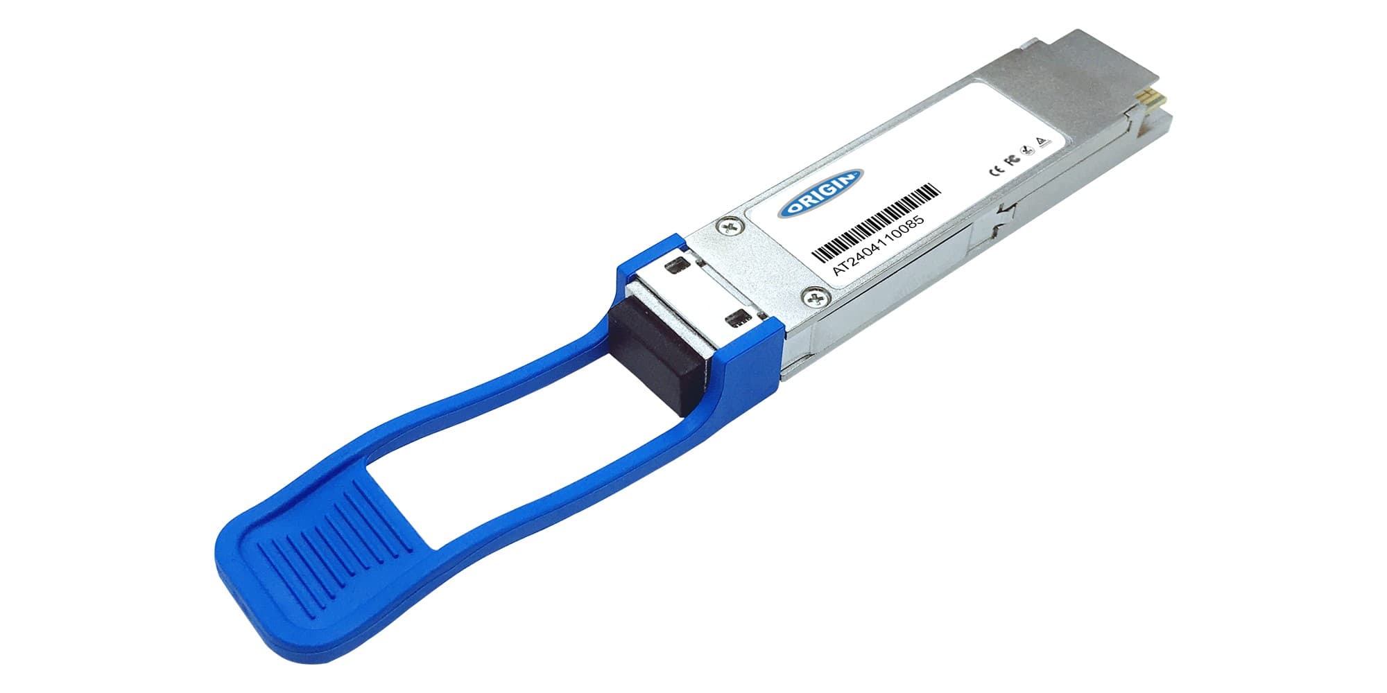 Origin Storage BTI-40GLR-DD-QSFP transceiver in silver metal with a blue plastic handle, designed for compatibility with Juniper equipment, featuring a QSFP+ connector.