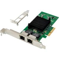 Green PCIe network card with dual Ethernet ports and black heatsink, includes a metal bracket.