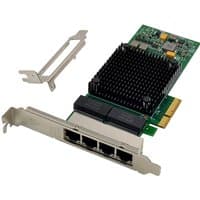 Green PCIe network card with black heatsink, four Ethernet ports, and metal bracket attachments.