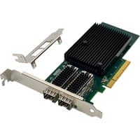 "Green PCIe 3.0 x8 network card with black heatsink and dual ports, includes additional bracket"