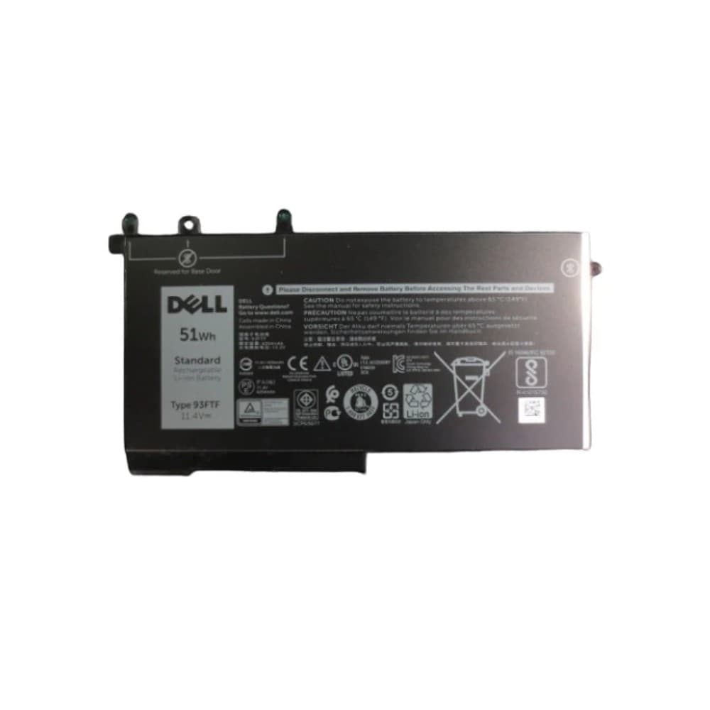 Black rectangular battery with a silver label, featuring the Dell logo, specifications, and safety information, designed for Dell laptops, with three cells and a capacity of 51Wh.