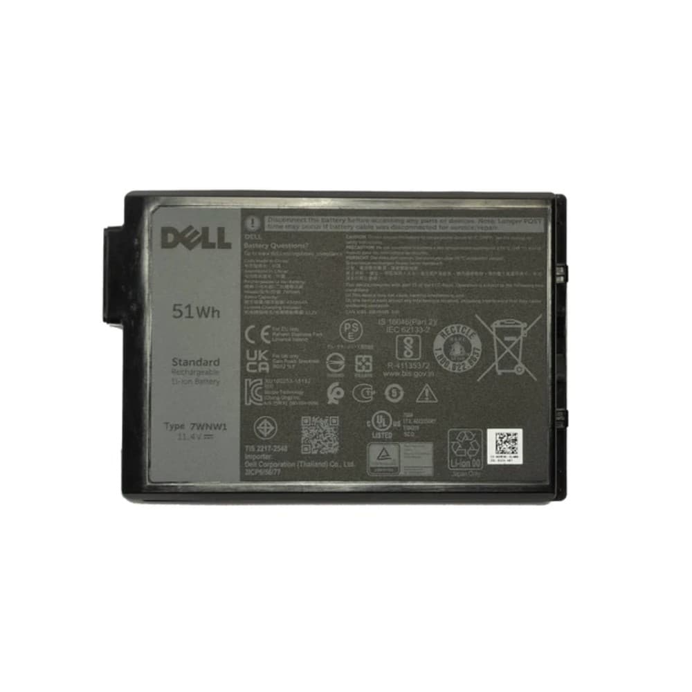 Black rectangular battery with a textured surface, labeled "DELL" and "51Wh," featuring various technical specifications and safety icons on its back.