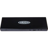 Black Origin Storage docking station with USB-C/A ports, triple 4K support, and EU cable.