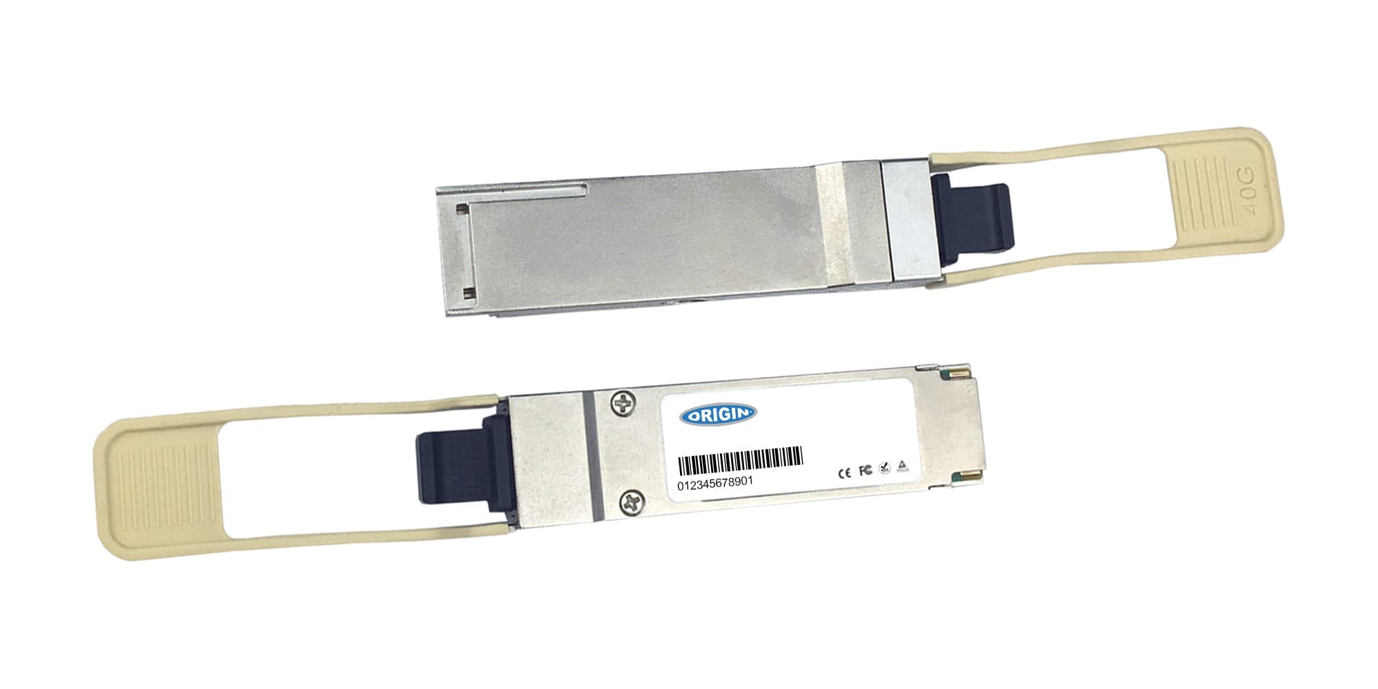 Brocade compatible transceiver in silver metal with beige plastic grips, featuring an identification label and designed for 8 x QSFP connections.