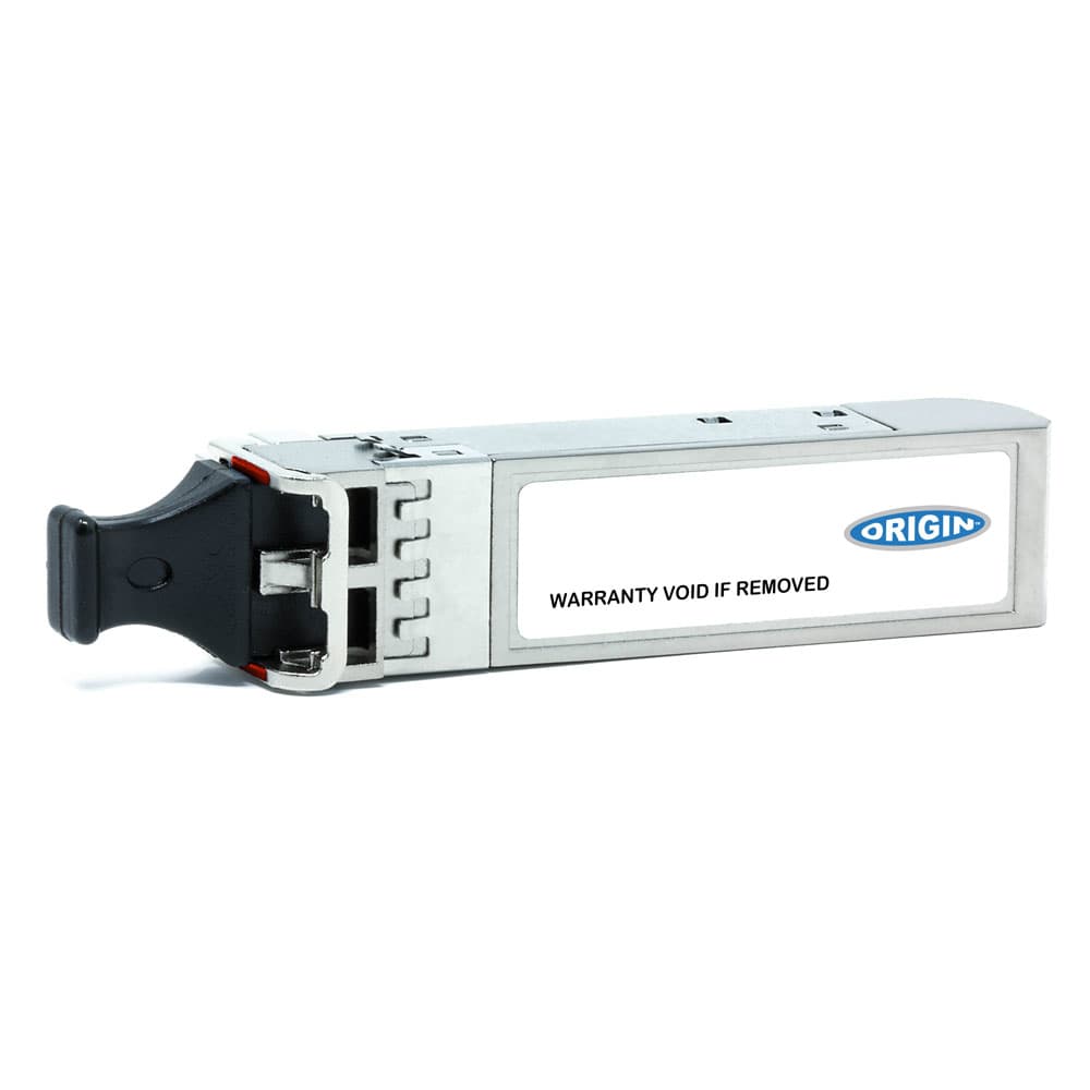 Fortinet compatible SFP transceiver in silver metal casing with a black latch, featuring a white label with "ORIGIN" logo and "WARRANTY VOID IF REMOVED" text.