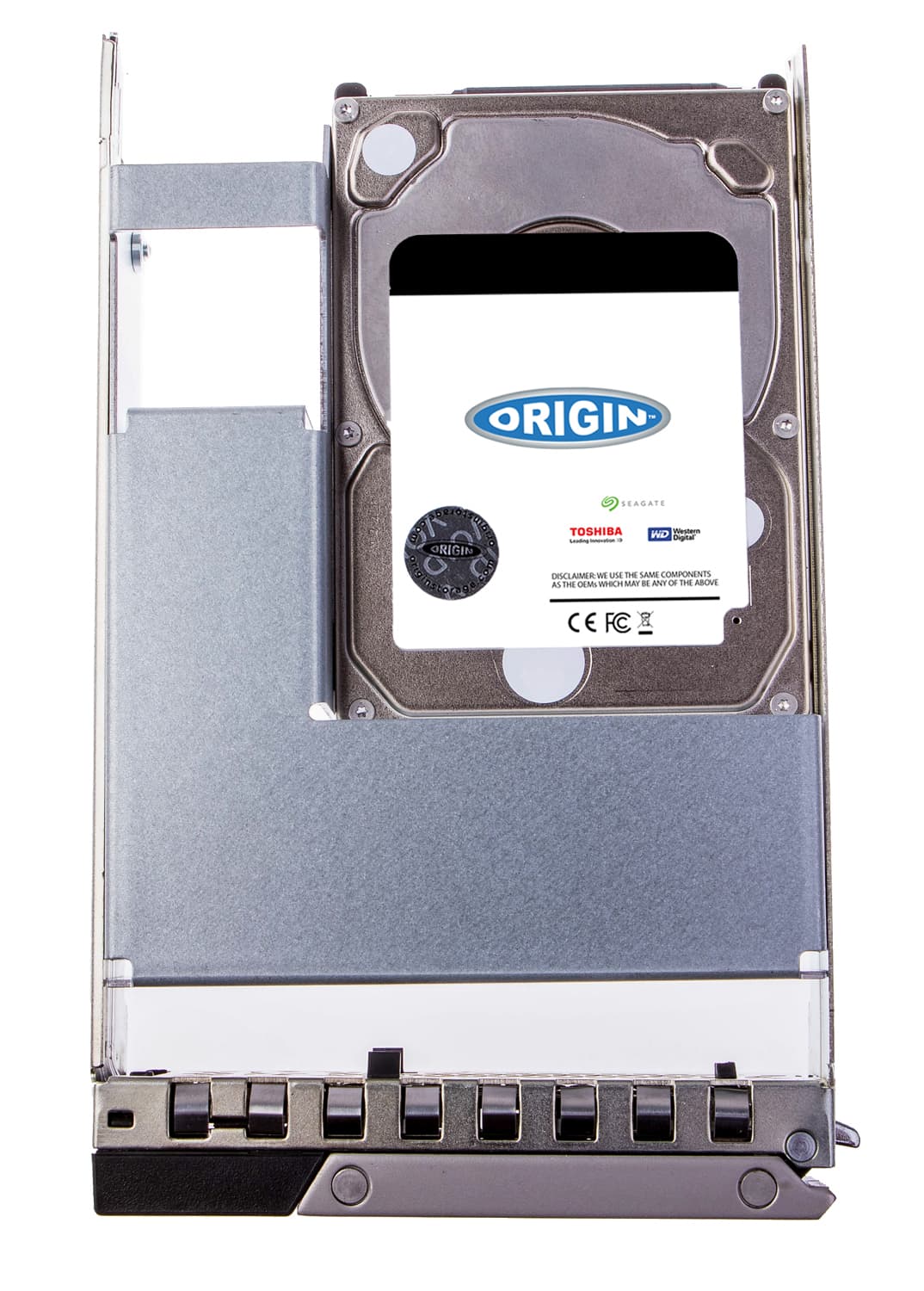 600GB 2.5-inch SAS hard drive in a silver hot swap caddy, featuring a black and silver casing, with an Origin Storage label on the top and a Toshiba logo visible.