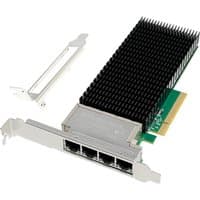 "Green and black PCIe 3.0 x8 network card with four Ethernet ports and large black heatsink"