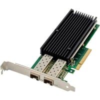 PCIe 3.0 x8 network card with dual SFP28 ports, black heatsink, and green circuit board.