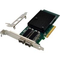 PCIe 3.0 x8 network card with dual ports, black heatsink, and green circuit board, includes additional bracket.