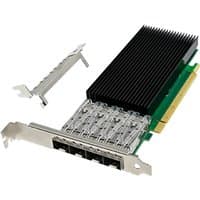 PCIe 4.0 x8 network card with black heatsink, green circuit board, and silver bracket with multiple ports.