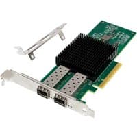 Green PCIe network card with black heatsink and dual silver ports, includes metal bracket.