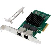 Green PCIe card with dual RJ45 ports, black heatsink, and additional metal bracket.