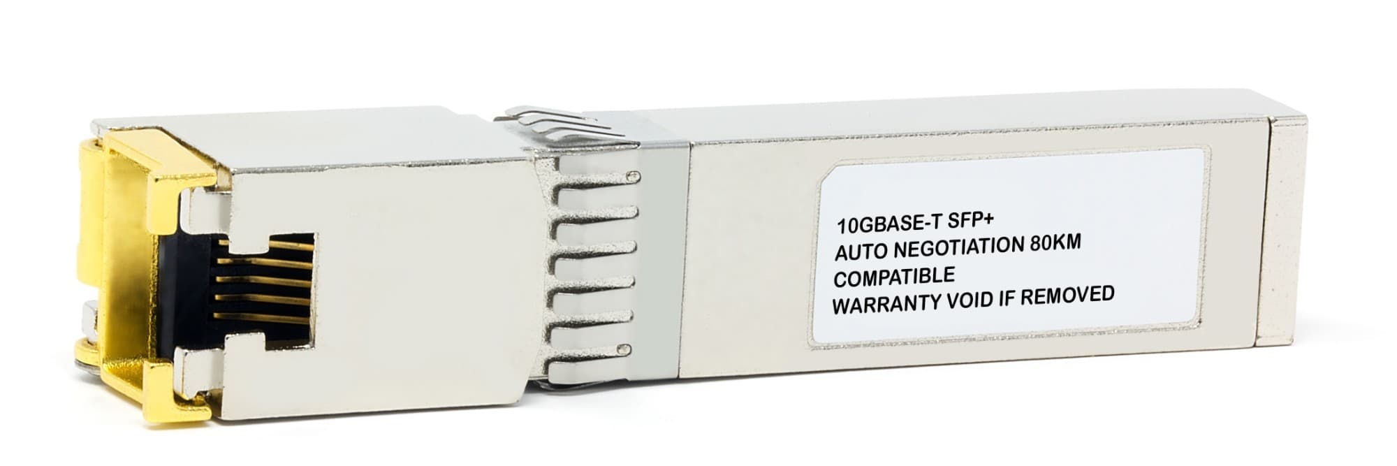 Silver metal transceiver with a gold-plated connector, labeled "10GBASE-T SFP+", featuring a compact design and a warning label about warranty void if removed.