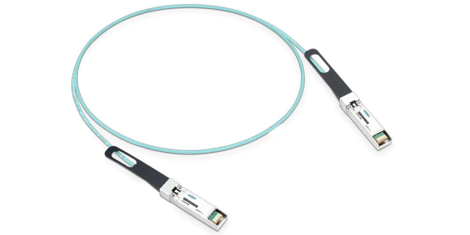 Active optical cable featuring a light blue fiber with black connectors, designed for NVIDIA Mellanox compatibility, showcasing sleek metallic ends for secure connections.